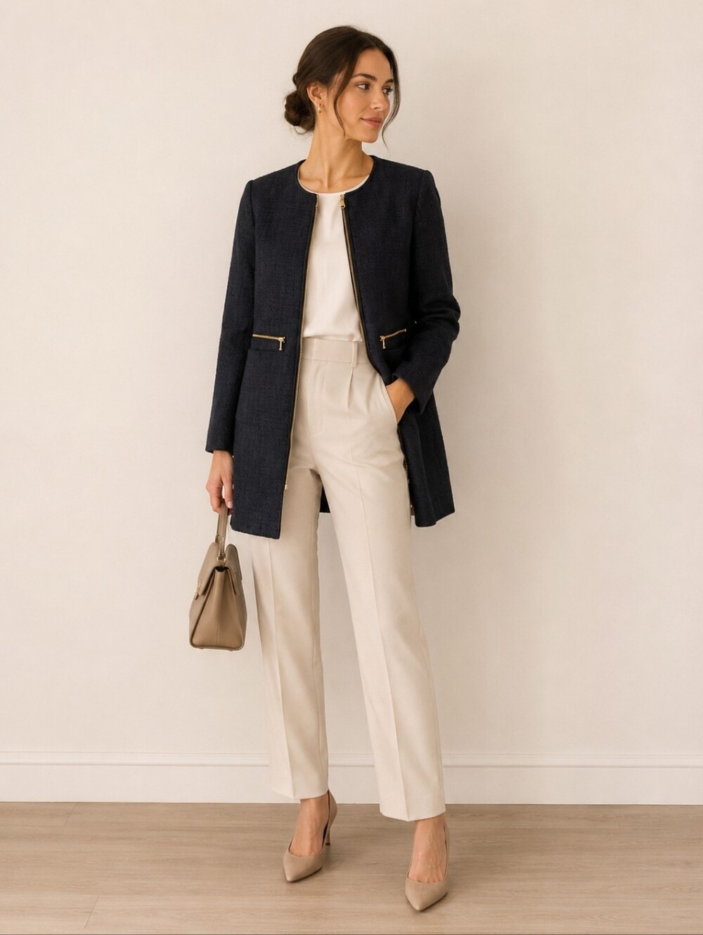 Navy zip up stadium coat // XS